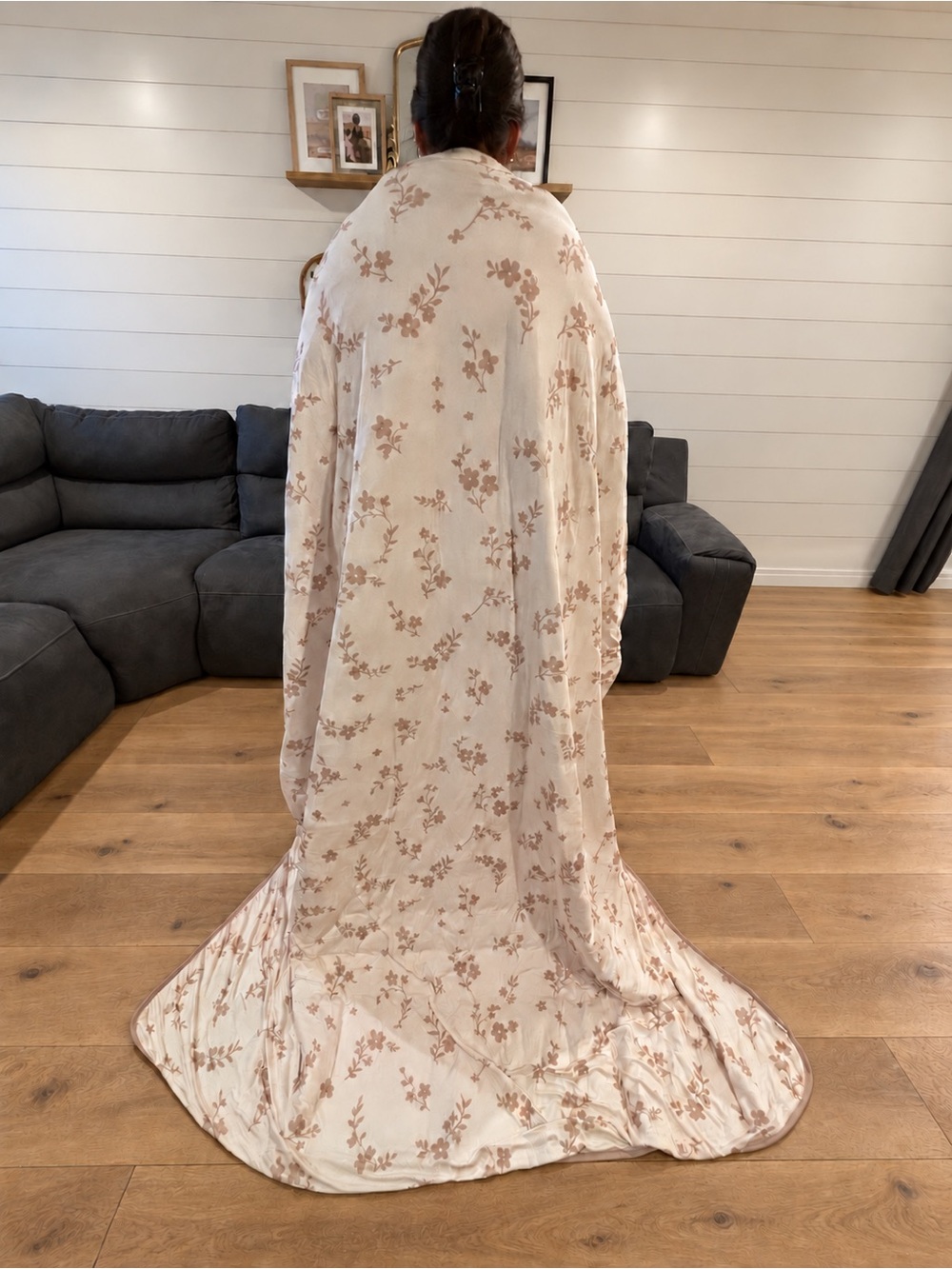 Cozy Floral Print Triple Layer Quilted Blanket - Cream with Taupe Floral